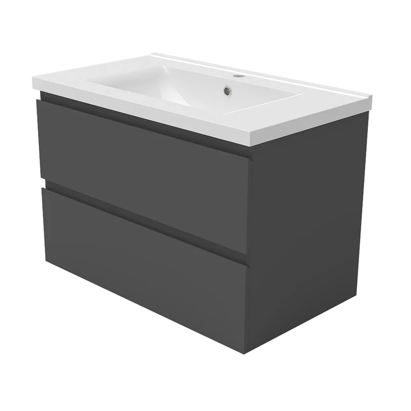 Meuble de salle de bain, Meuble blanc mat/ anthracite/bois clair avec 2 tiroirs & plan vasque en céramique