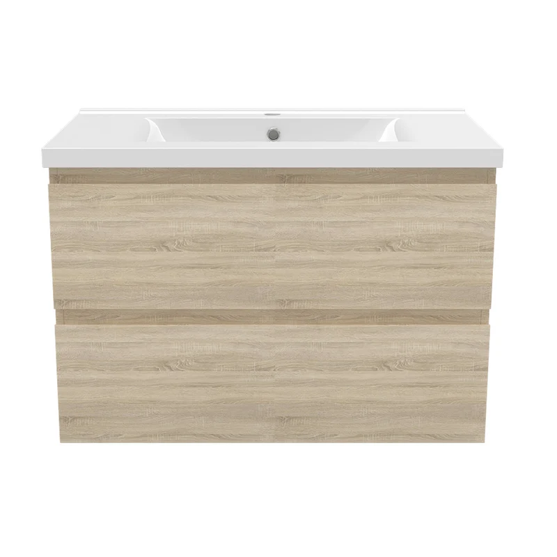 Meuble de salle de bain, Meuble blanc mat/ anthracite/bois clair avec 2 tiroirs & plan vasque en céramique