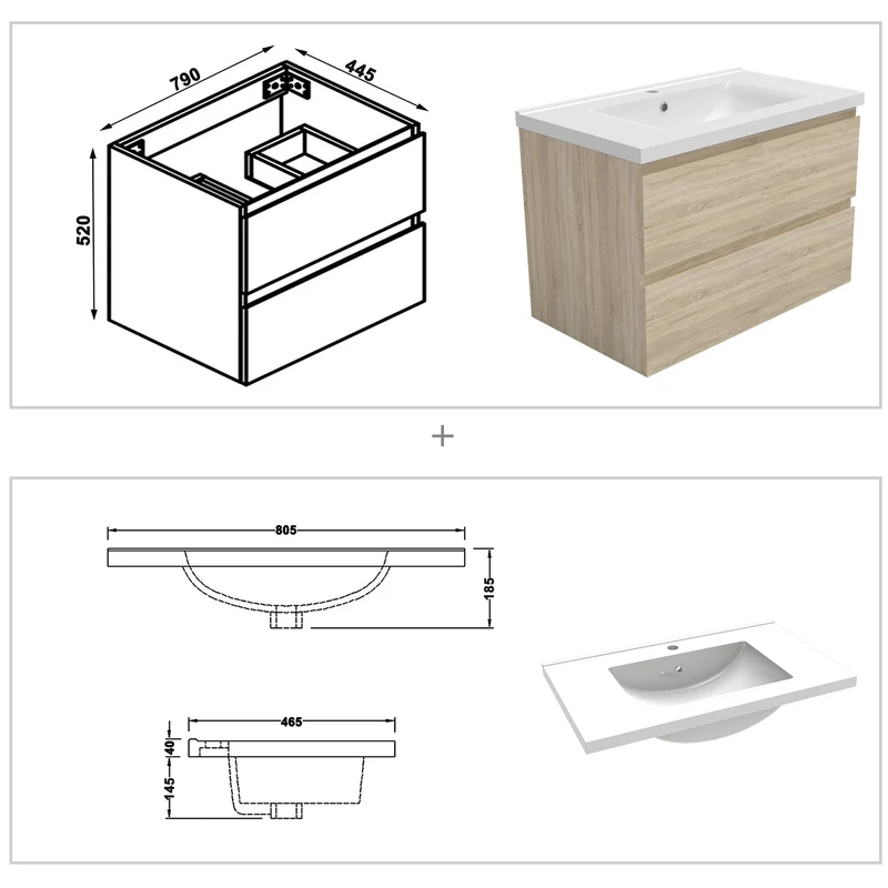 Meuble de salle de bain, Meuble blanc mat/ anthracite/bois clair avec 2 tiroirs & plan vasque en céramique