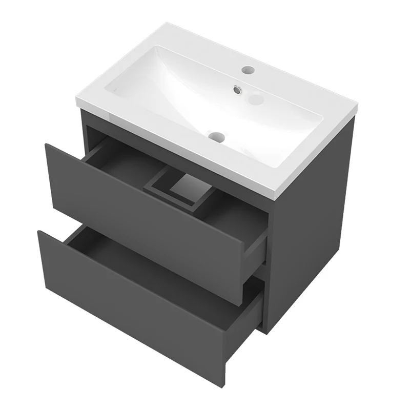 Meuble suspendu avec 2 tirois et vasque artificiel, Meuble couleur blanc mat /anthracite/couleur chêne