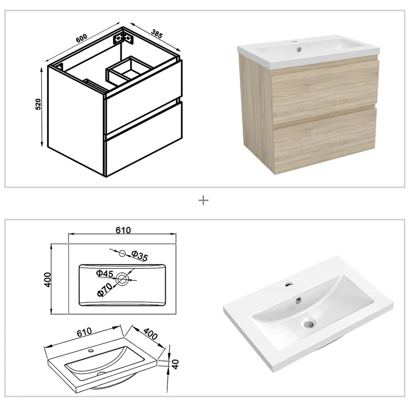 Meuble suspendu avec 2 tirois et vasque artificiel, Meuble couleur blanc mat /anthracite/couleur chêne