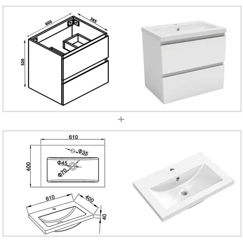 Meuble suspendu avec 2 tirois et vasque artificiel, Meuble couleur blanc mat /anthracite/couleur chêne