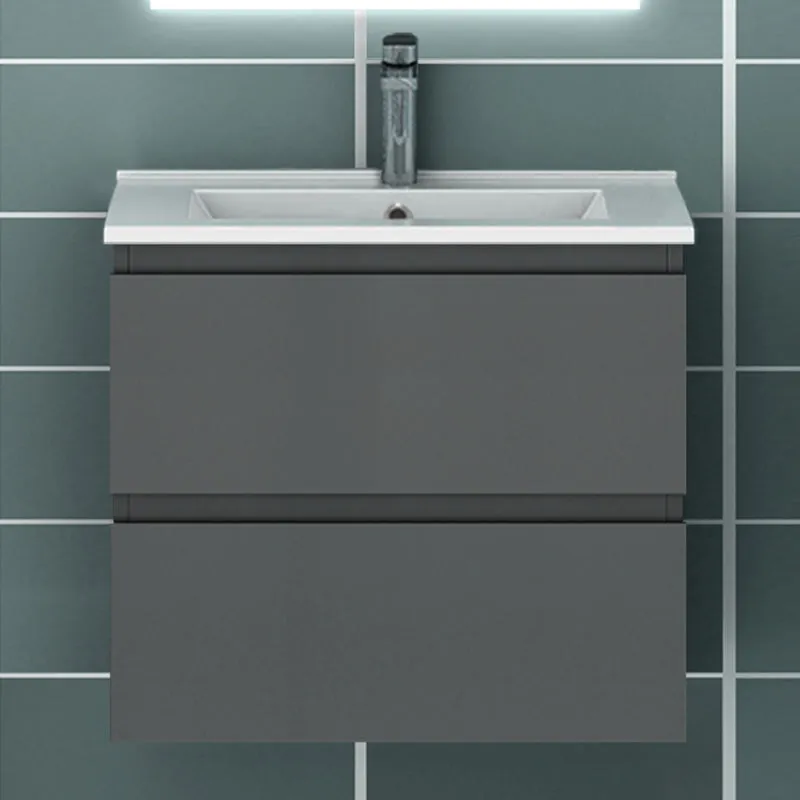 Meuble suspendu avec 2 tirois et vasque en céramique, Meuble couleur blanc mat/ anthracite/ couleur chêne