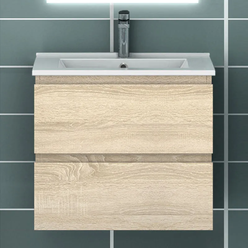 Meuble suspendu avec 2 tirois et vasque en céramique, Meuble couleur blanc mat/ anthracite/ couleur chêne