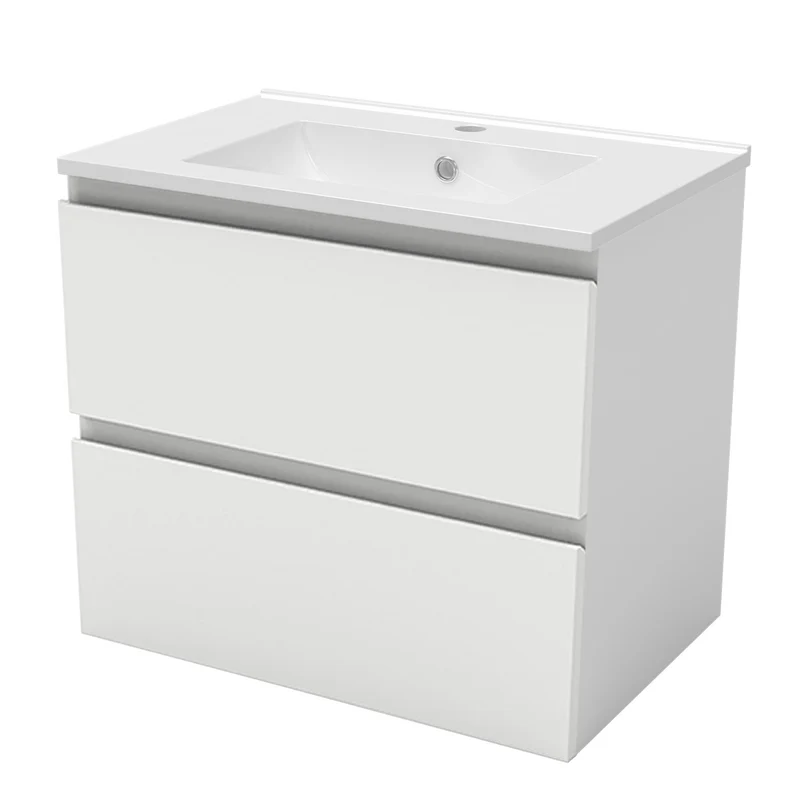Meuble suspendu avec 2 tirois et vasque en céramique, Meuble couleur blanc mat/ anthracite/ couleur chêne