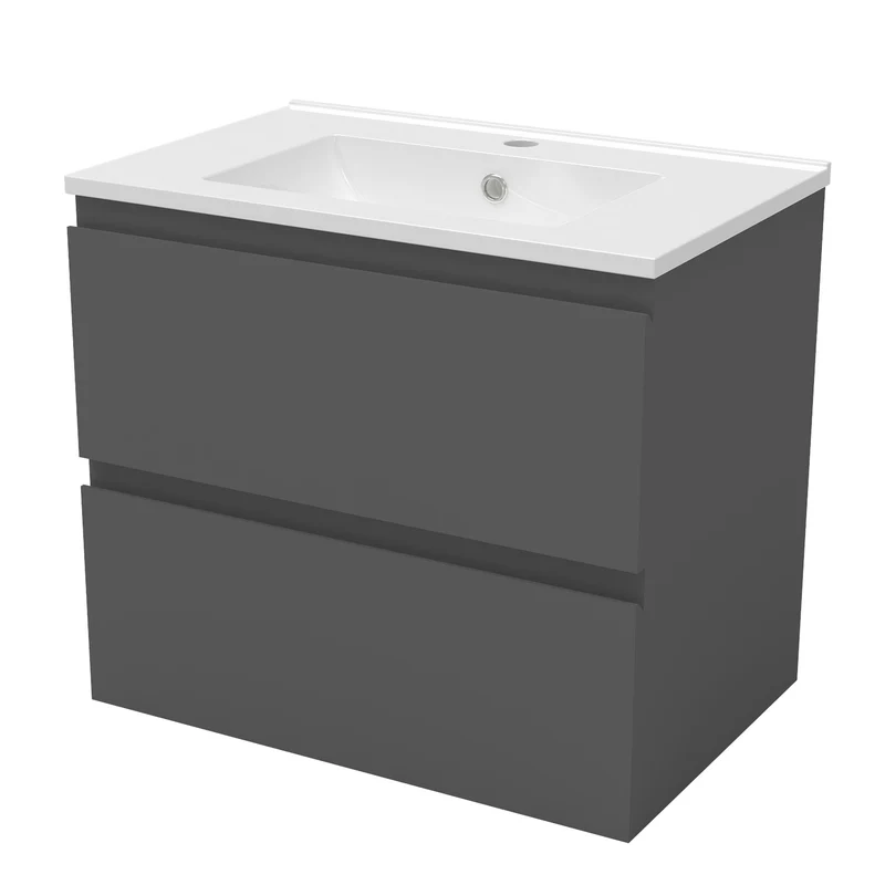 Meuble suspendu avec 2 tirois et vasque en céramique, Meuble couleur blanc mat/ anthracite/ couleur chêne
