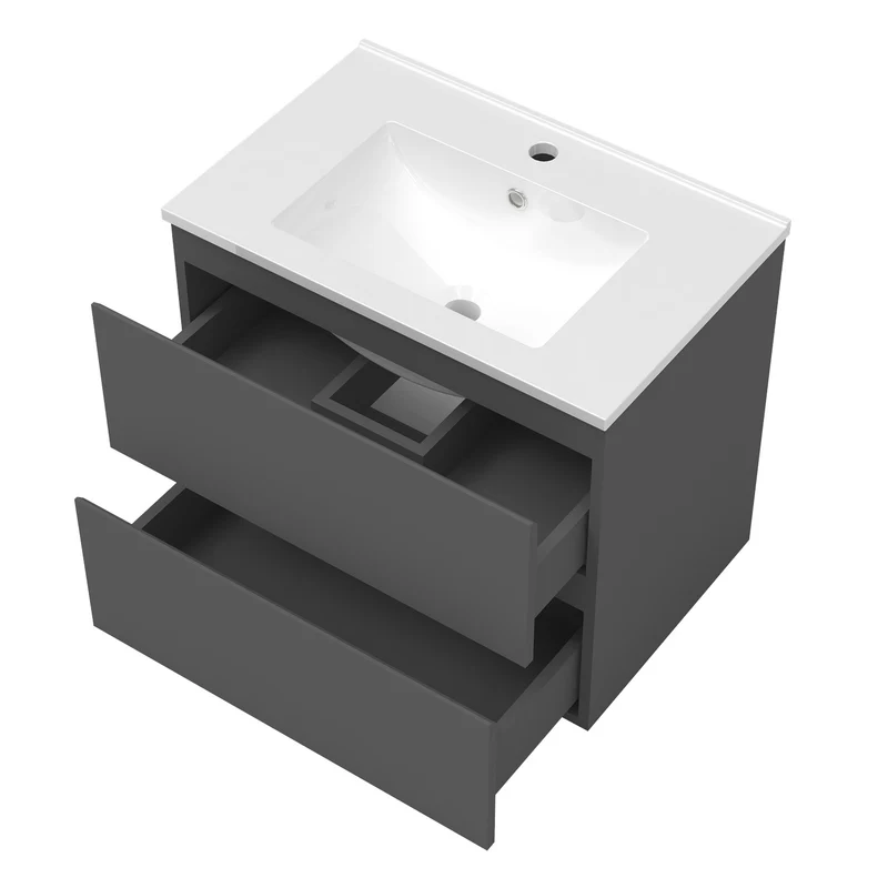 Meuble suspendu avec 2 tirois et vasque en céramique, Meuble couleur blanc mat/ anthracite/ couleur chêne
