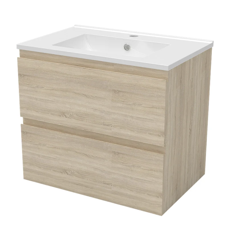 Meuble suspendu avec 2 tirois et vasque en céramique, Meuble couleur blanc mat/ anthracite/ couleur chêne