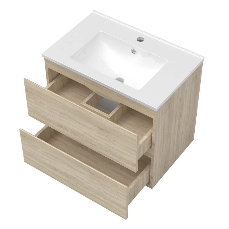 Meuble suspendu avec 2 tirois et vasque en céramique, Meuble couleur blanc mat/ anthracite/ couleur chêne