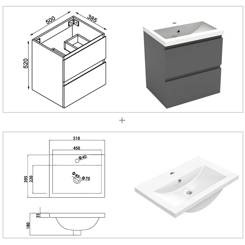 50cm Meuble salle de bain avec deux tiroirs et vasque artificielle