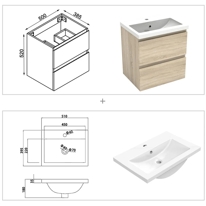 50cm Meuble salle de bain avec deux tiroirs et vasque artificielle
