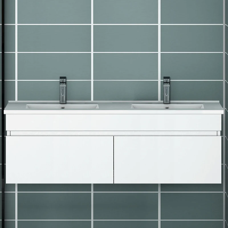 Meuble de salle de bain suspendu deux portes x double vasques, vasque en céramique.