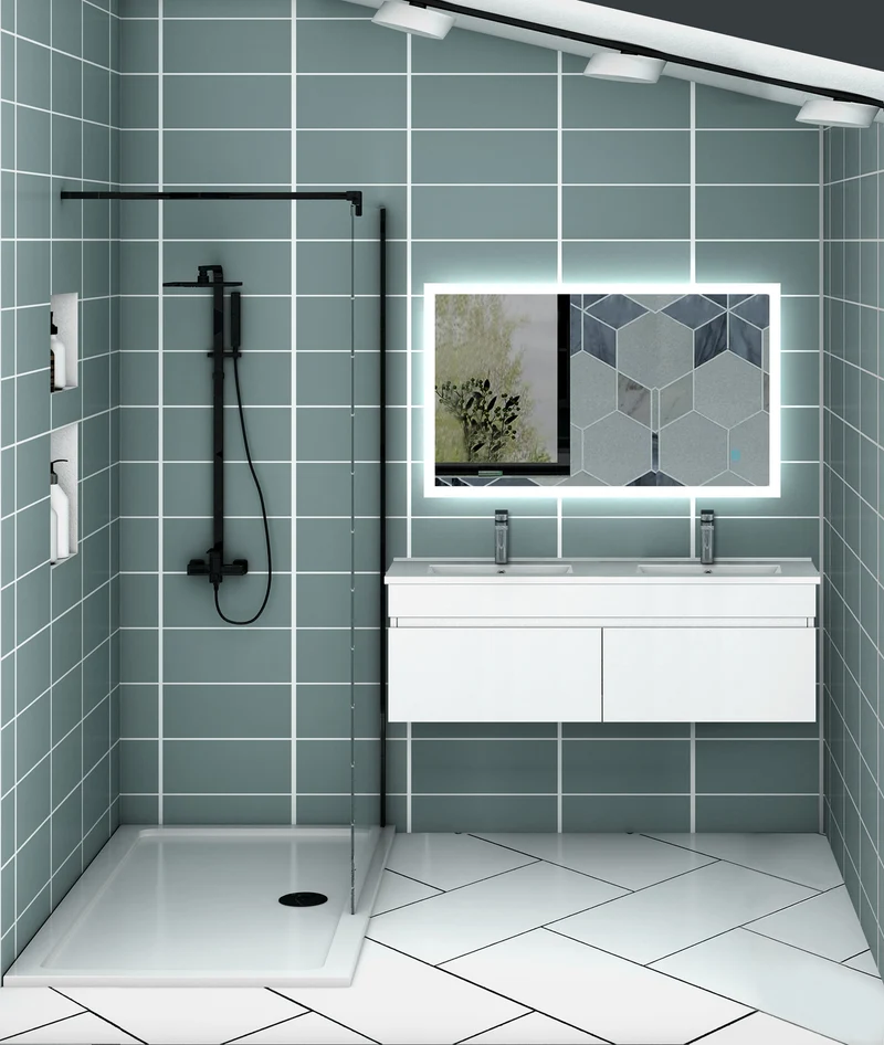 Meuble de salle de bain suspendu deux portes x double vasques, vasque en céramique.