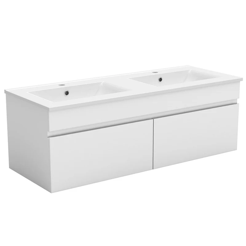 Meuble de salle de bain suspendu deux portes x double vasques, vasque en céramique.