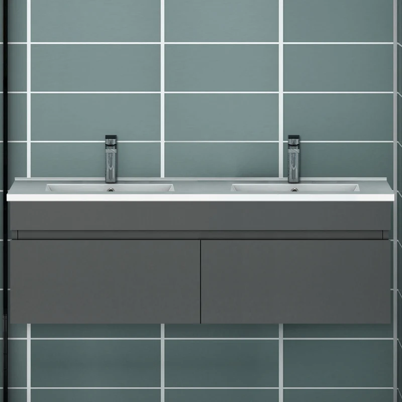 Meuble de salle de bain suspendu deux portes x double vasques, vasque en céramique.