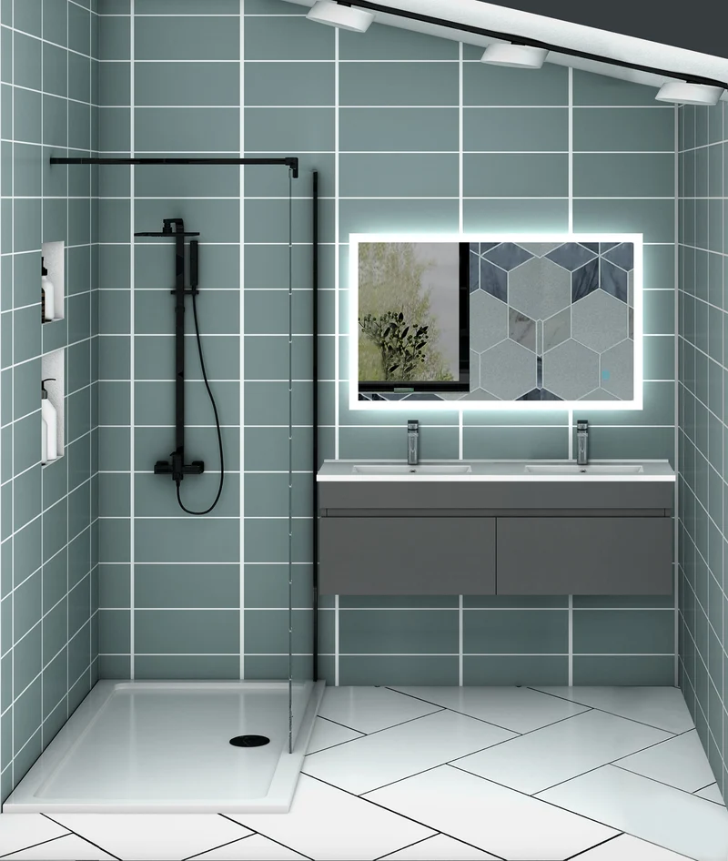 Meuble de salle de bain suspendu deux portes x double vasques, vasque en céramique.