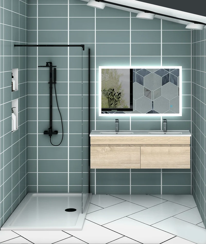 Meuble de salle de bain suspendu deux portes x double vasques, vasque en céramique.
