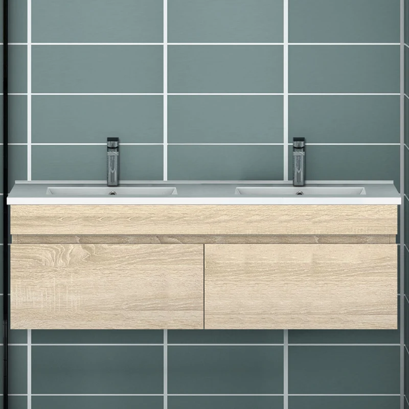 Meuble de salle de bain suspendu deux portes x double vasques, vasque en céramique.