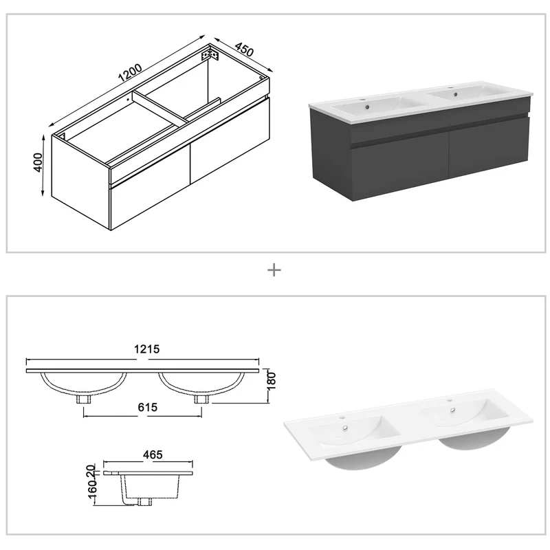 Meuble de salle de bain suspendu deux portes x double vasques, vasque en céramique.