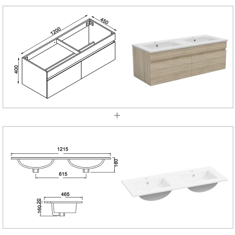 Meuble de salle de bain suspendu deux portes x double vasques, vasque en céramique.