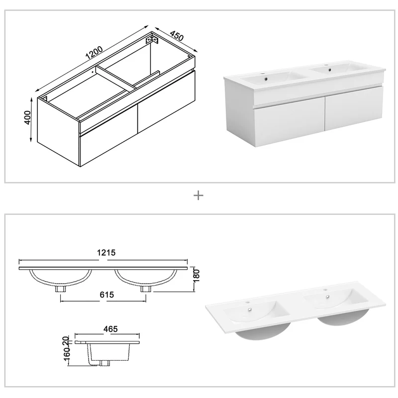Meuble de salle de bain suspendu deux portes x double vasques, vasque en céramique.