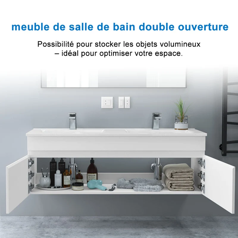Meuble de salle de bain suspendu deux portes x double vasques, vasque en céramique.
