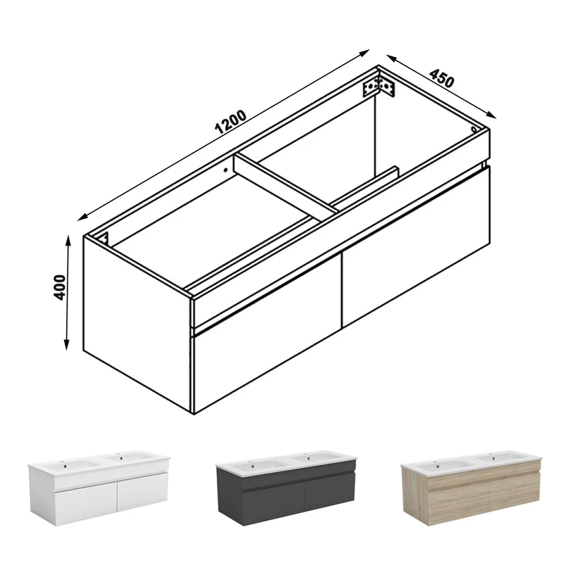 Meuble de salle de bain suspendu deux portes x double vasques, vasque en céramique.