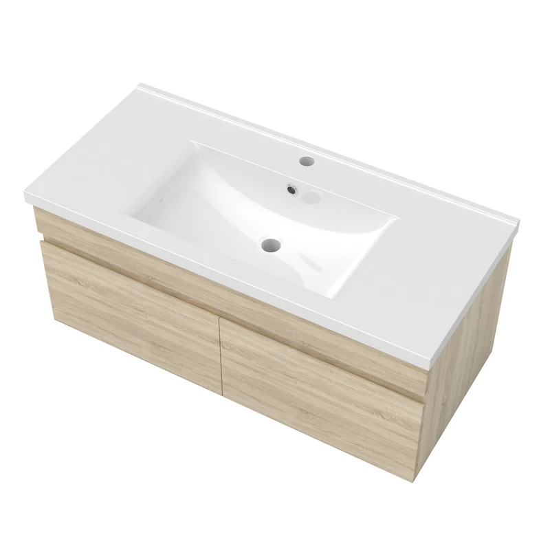 Meuble de salle de bain couleur chêne suspendu avec vasque en céramique, deux portes