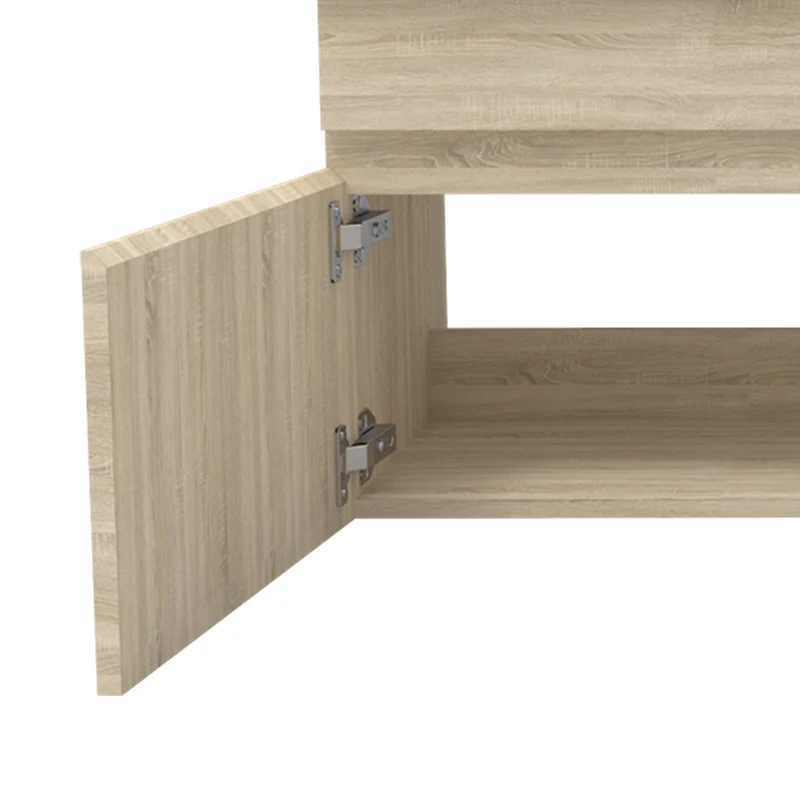 Meuble de salle de bain couleur chêne suspendu avec vasque en céramique, deux portes