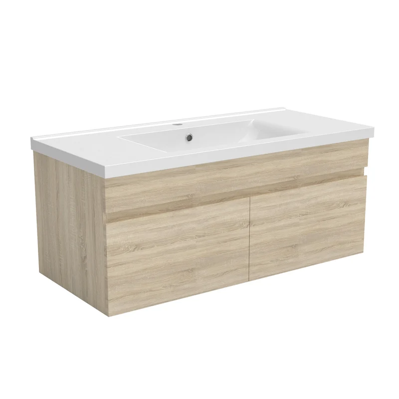 Meuble de salle de bain couleur chêne suspendu avec vasque en céramique, deux portes