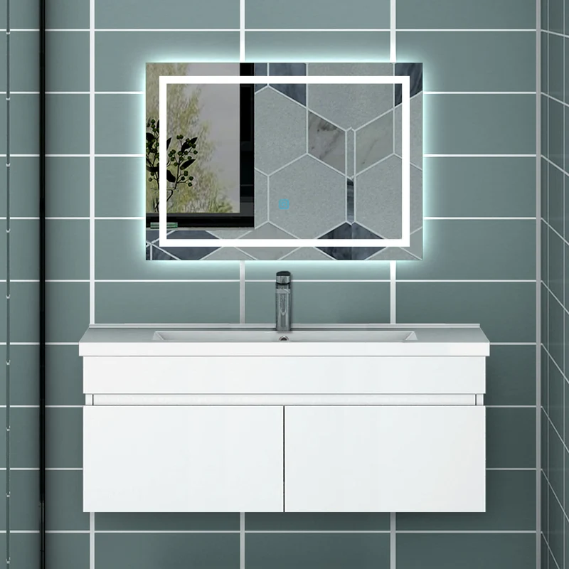 Meuble de salle de bain couleur chêne suspendu avec vasque en céramique, deux portes