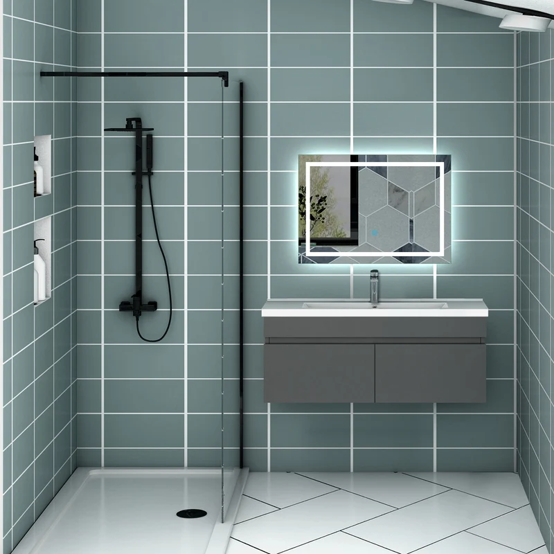 Meuble de salle de bain couleur chêne suspendu avec vasque en céramique, deux portes