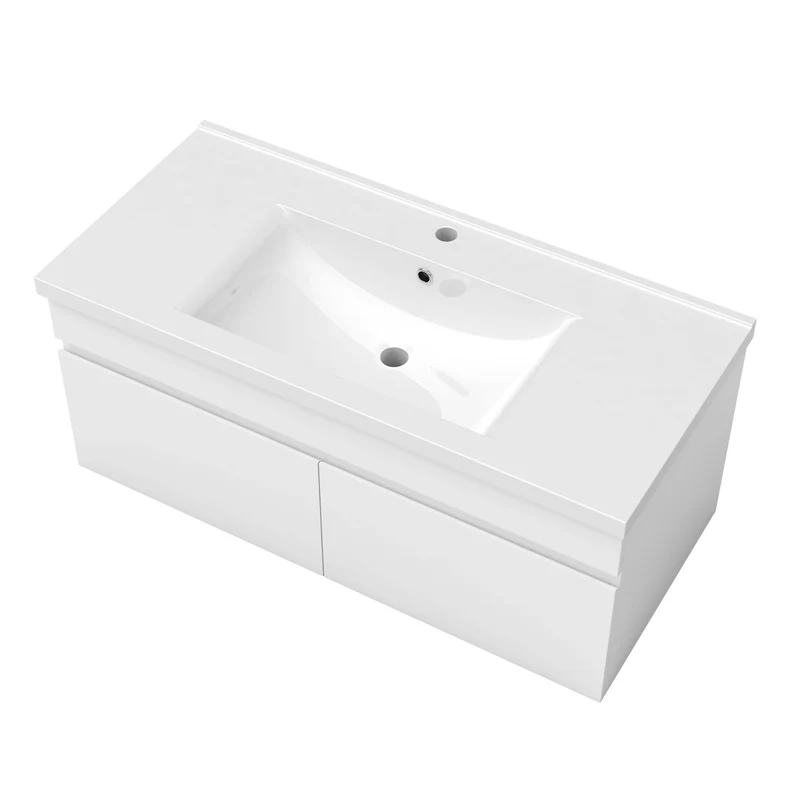 Meuble de salle de bain couleur chêne suspendu avec vasque en céramique, deux portes