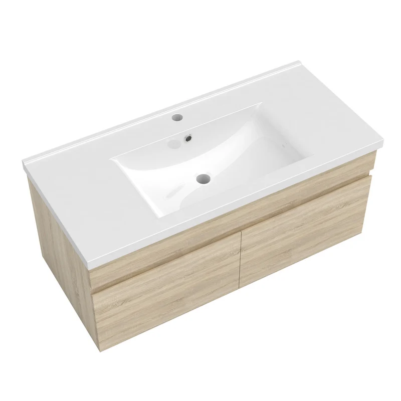 Meuble de salle de bain couleur chêne suspendu avec vasque en céramique, deux portes