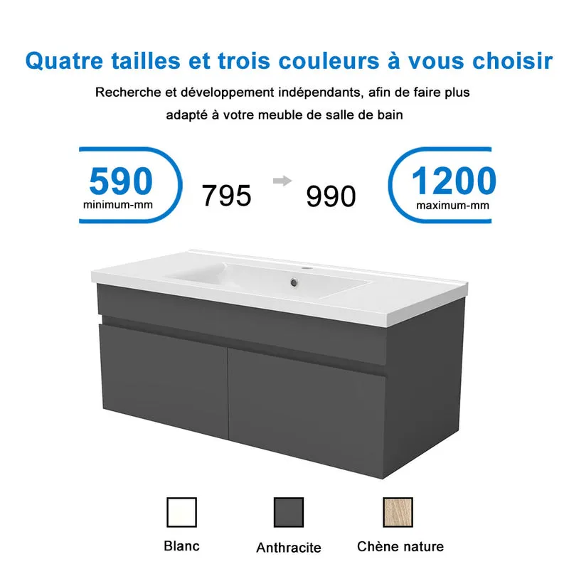 Meuble de salle de bain couleur chêne suspendu avec vasque en céramique, deux portes