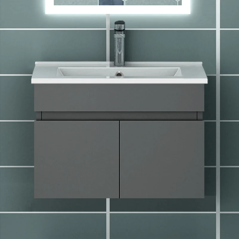 Meuble de salle de bain blanc mat sous lavabo suspendu avec deux portes et vasque en céramique