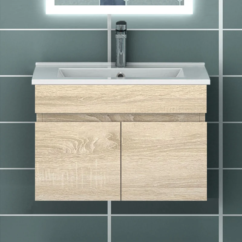 Meuble de salle de bain blanc mat sous lavabo suspendu avec deux portes et vasque en céramique