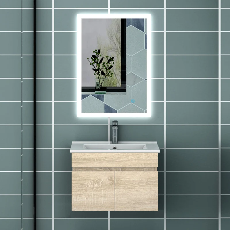 Meuble de salle de bain blanc mat sous lavabo suspendu avec deux portes et vasque en céramique
