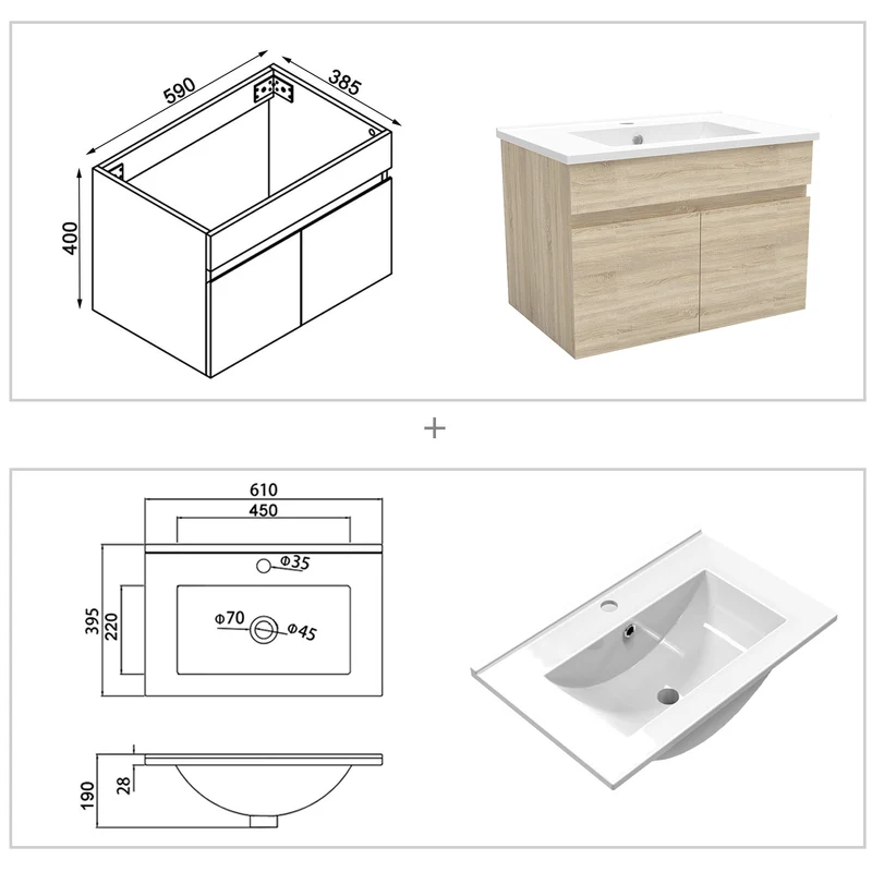 Meuble de salle de bain blanc mat sous lavabo suspendu avec deux portes et vasque en céramique