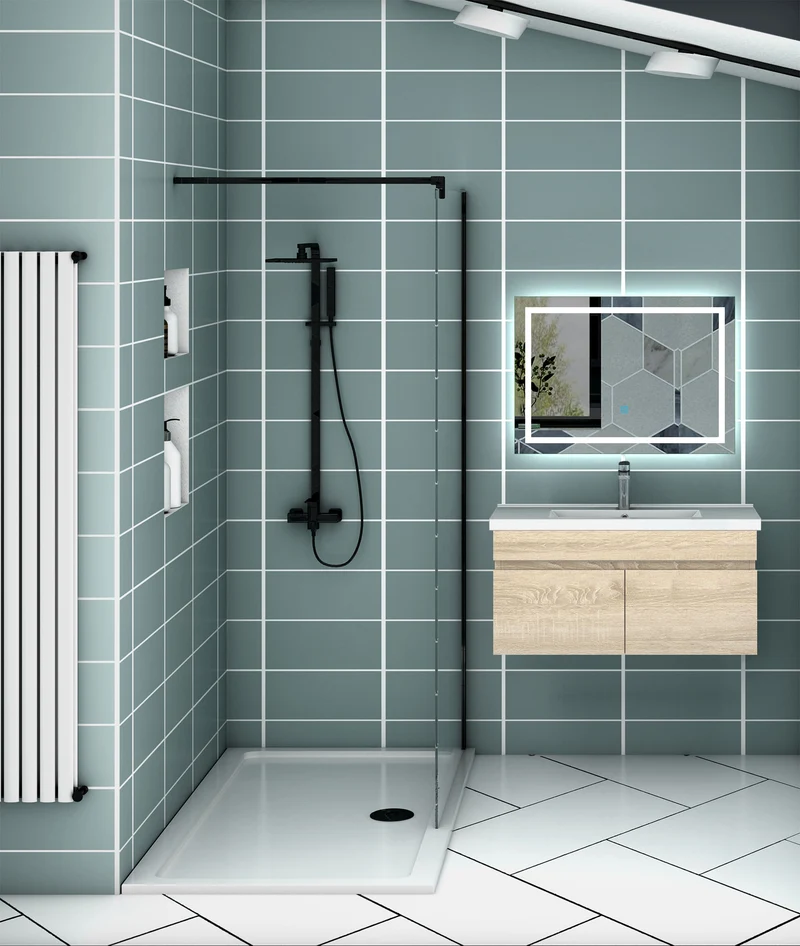 Meuble vasque suspendu avec deux portes, vasque en céramique , Meuble couleur blanc/ anthracite / couleur chêne