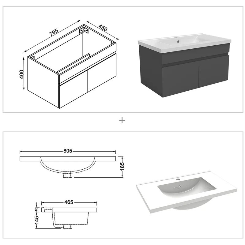 Meuble vasque suspendu avec deux portes, vasque en céramique , Meuble couleur blanc/ anthracite / couleur chêne