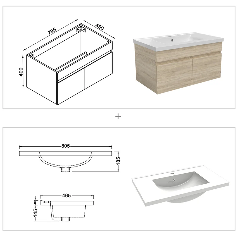 Meuble vasque suspendu avec deux portes, vasque en céramique , Meuble couleur blanc/ anthracite / couleur chêne