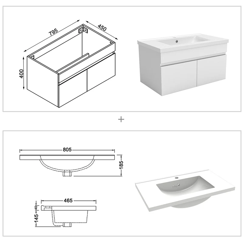 Meuble vasque suspendu avec deux portes, vasque en céramique , Meuble couleur blanc/ anthracite / couleur chêne