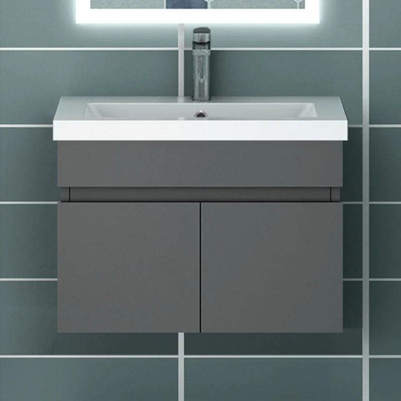 Meuble de salle de bain couleur chêne suspendu avec deux portes et vasque en céramique