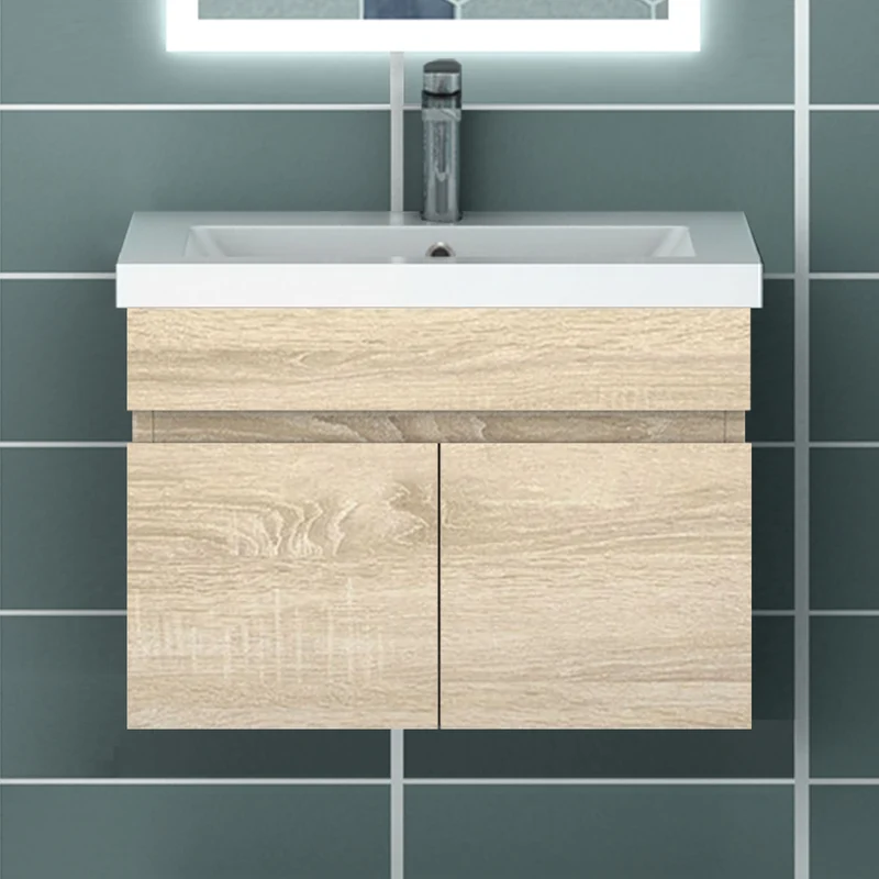 Meuble de salle de bain couleur chêne suspendu avec deux portes et vasque en céramique