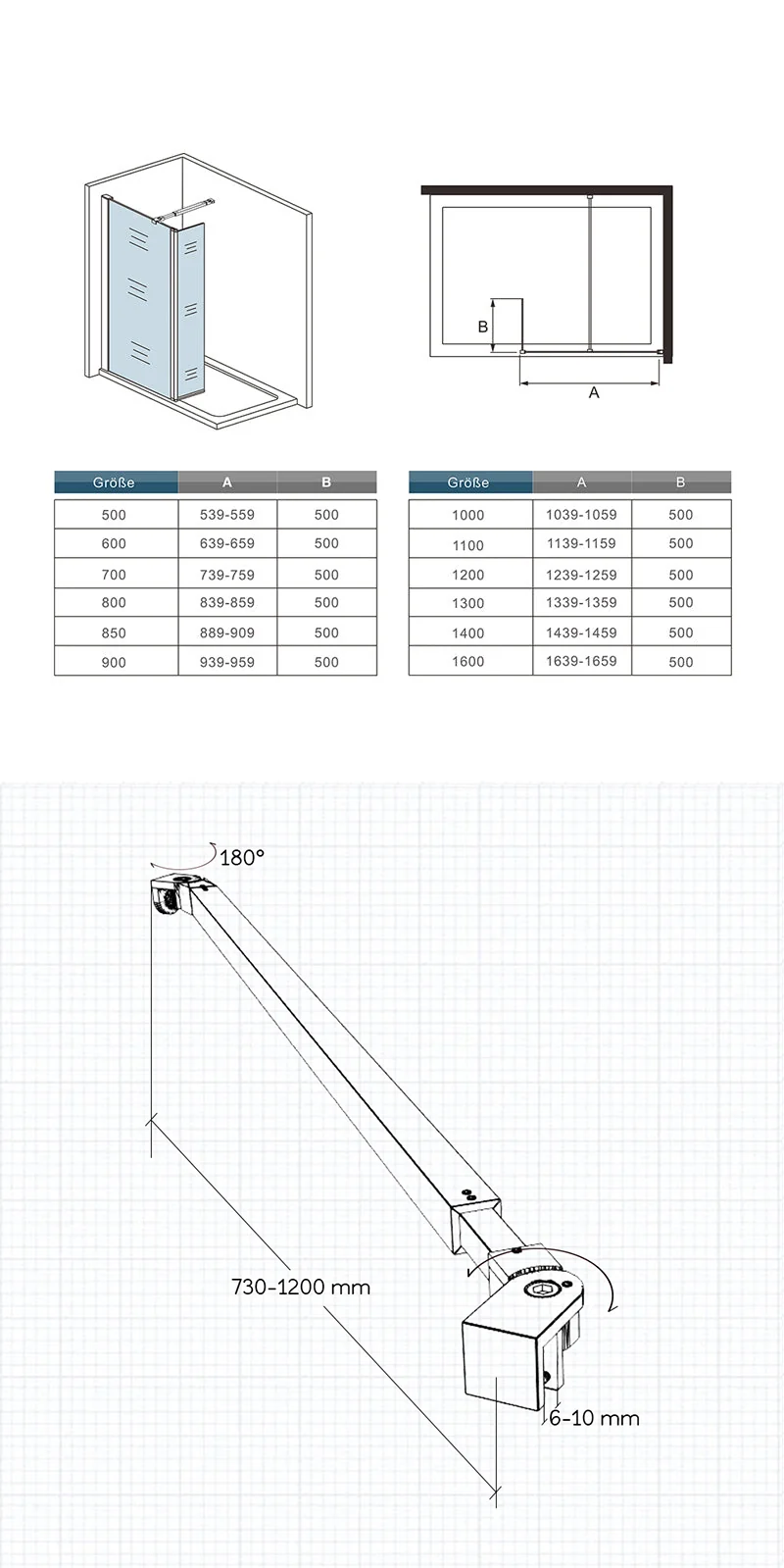 Océan paroi de douche 50-160cm + paroi latérale à l'italienne 50cm avec un retour pivotant et une barre stabilisateur extensible : 73-120cm