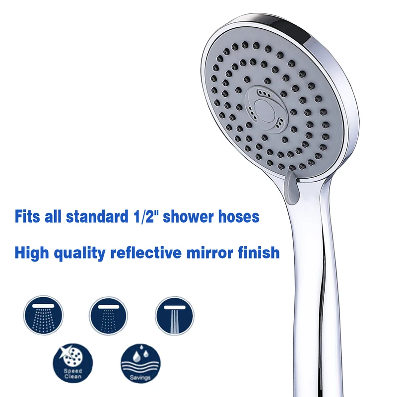 Pommeau de douche haute pression avec jeu de tuyaux, conception turbocompressée, pommeau de douche universel, carré rond 1/3/5 modes de pulvérisation économisant le bain, chromé