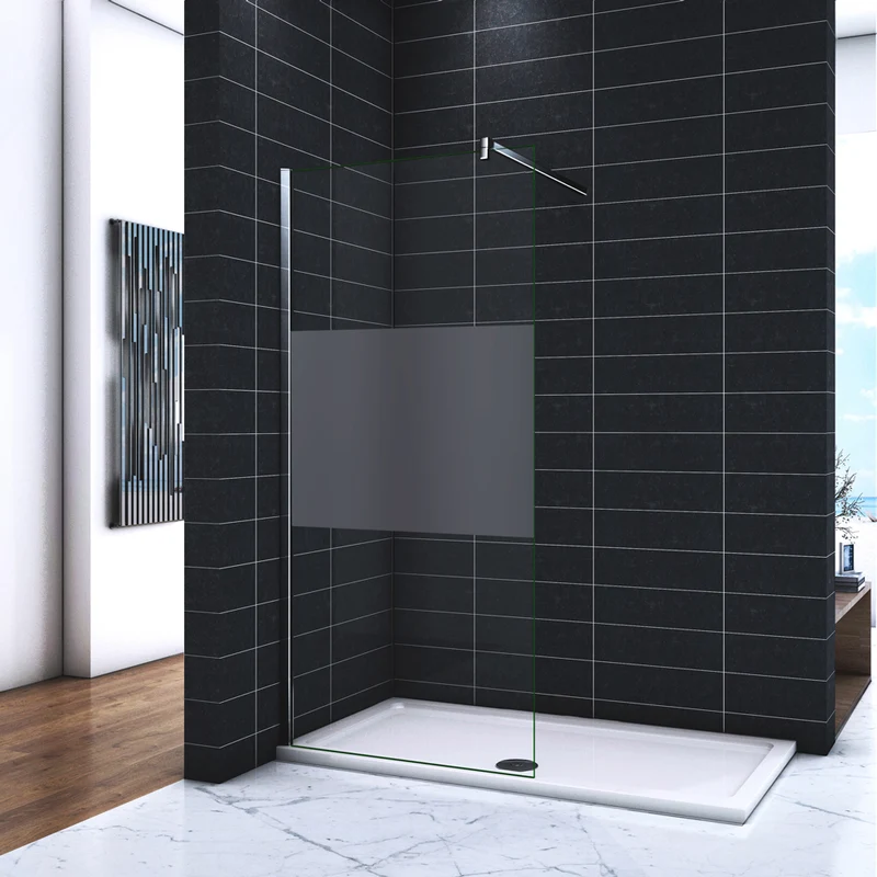 Paroi de douche 90-140 x 200cm en 8mm verre anticalcaire et sablé au milieu livré avec une barre carrée 140cm