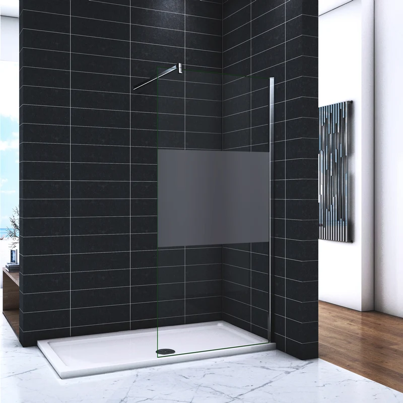 Paroi de douche en 8mm verre anticalcaire et sablé au milieu livré avec une barre carrée 90cm