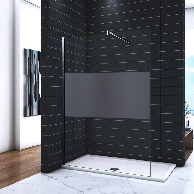 Paroi de douche en 8mm verre anticalcaire et sablé au milieu livré avec une barre carrée 90cm